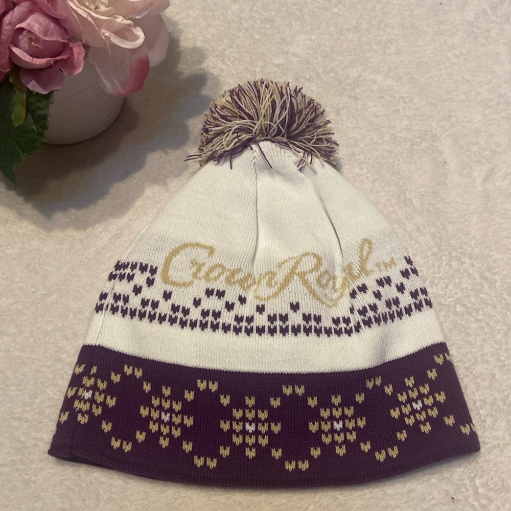 CROWN ROYAL Beanie With Pom Pom Purple White & Gold